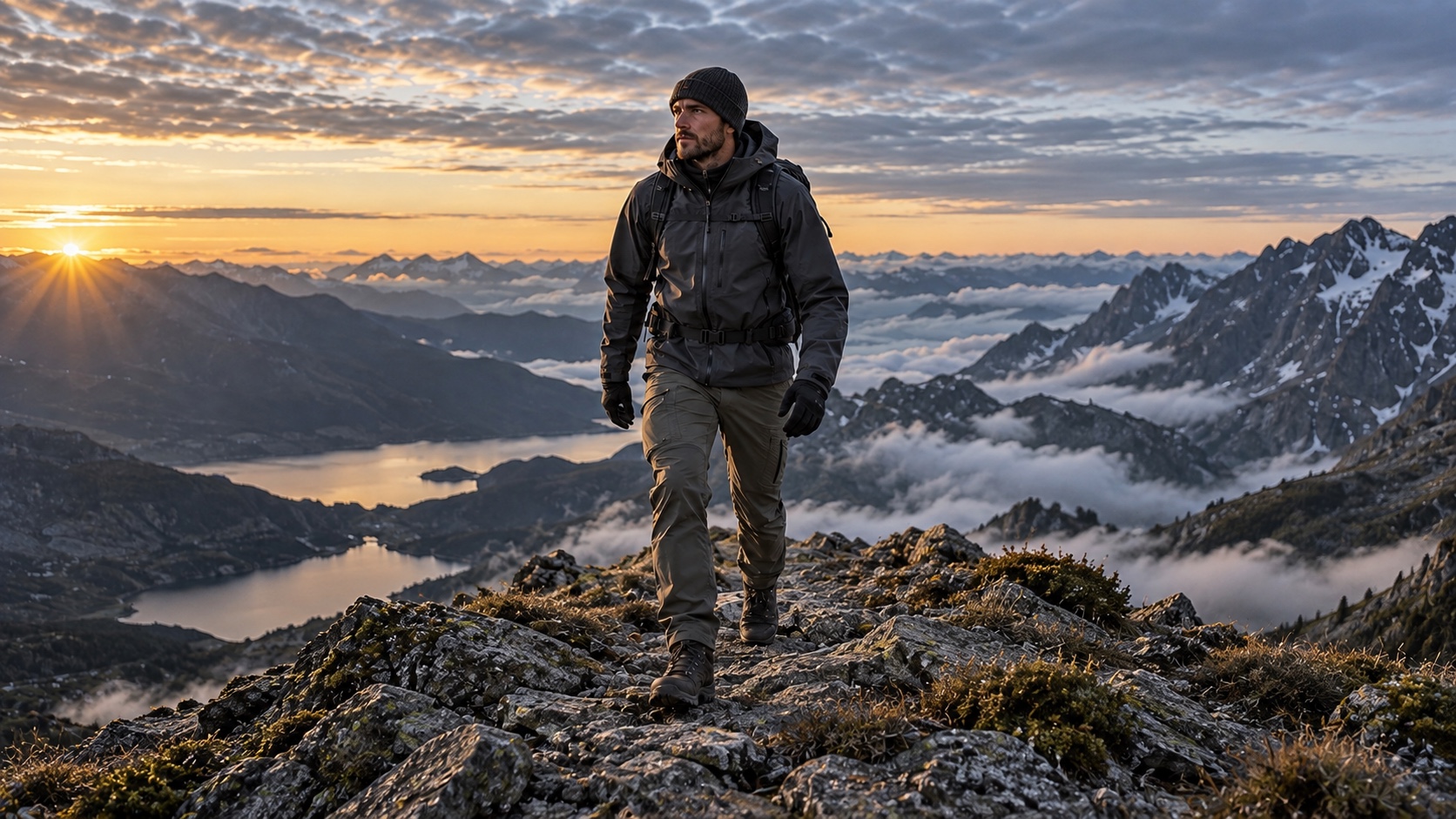 Technical outdoor shell jacket, trousers and boots on an alpine ridge
